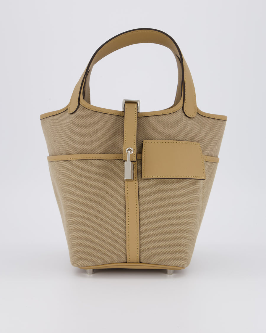 *HOT* Hermès Picotin 18 Lock Pocket Cargo Bag in Beige Marfa Toile Goeland & Poussiere Swift Leather with Palladium Hardware