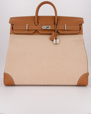 *RARE* Hermès Haut à Courroies HAC 50 Bag in Gold Evercolour Leather &  Écru/Beige Toile Cross Canvas with Palladium Hardware