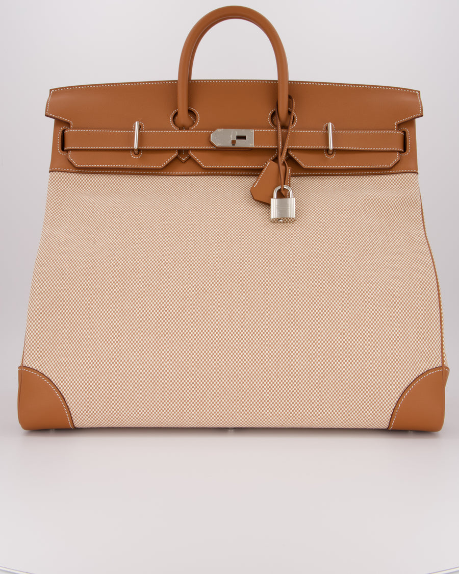 *RARE* Hermès Haut à Courroies HAC 50 Bag in Gold Evercolour Leather &  Écru/Beige Toile Cross Canvas with Palladium Hardware