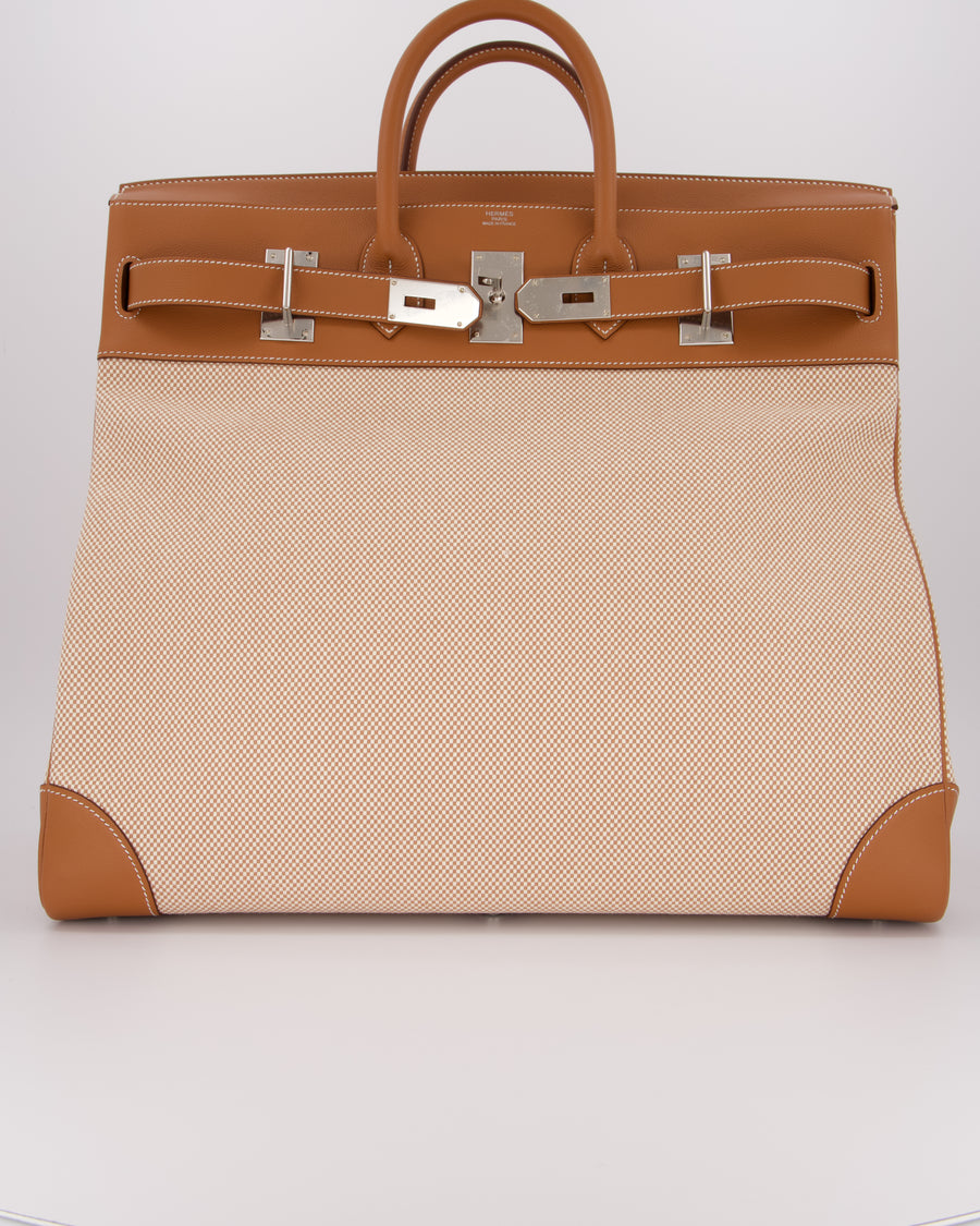 *RARE* Hermès Haut à Courroies HAC 50 Bag in Gold Evercolour Leather &  Écru/Beige Toile Cross Canvas with Palladium Hardware