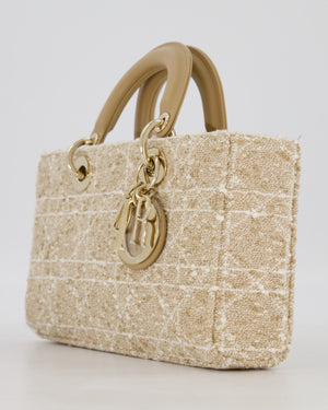 Christian Dior Medium D-Joy in Beige & Écru Tweed Canvas & Beige Leather Handles with Champagne Gold Hardware