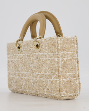 Christian Dior Medium D-Joy in Beige & Écru Tweed Canvas & Beige Leather Handles with Champagne Gold Hardware