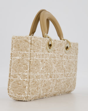 Christian Dior Medium D-Joy in Beige & Écru Tweed Canvas & Beige Leather Handles with Champagne Gold Hardware