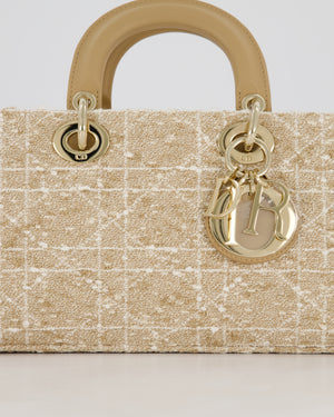 Christian Dior Medium D-Joy in Beige & Écru Tweed Canvas & Beige Leather Handles with Champagne Gold Hardware