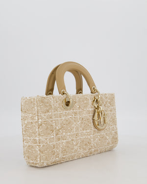 Christian Dior Medium D-Joy in Beige & Écru Tweed Canvas & Beige Leather Handles with Champagne Gold Hardware