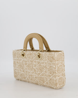 Christian Dior Medium D-Joy in Beige & Écru Tweed Canvas & Beige Leather Handles with Champagne Gold Hardware