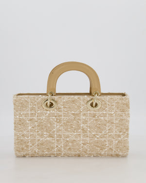 Christian Dior Medium D-Joy in Beige & Écru Tweed Canvas & Beige Leather Handles with Champagne Gold Hardware