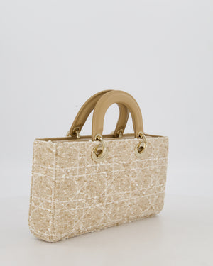 Christian Dior Medium D-Joy in Beige & Écru Tweed Canvas & Beige Leather Handles with Champagne Gold Hardware