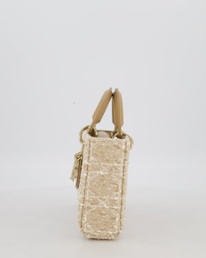 Christian Dior Medium D-Joy in Beige & Écru Tweed Canvas & Beige Leather Handles with Champagne Gold Hardware