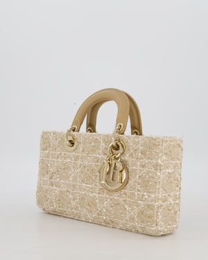 Christian Dior Medium D-Joy in Beige & Écru Tweed Canvas & Beige Leather Handles with Champagne Gold Hardware