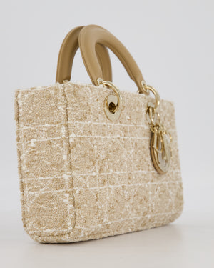 Christian Dior Medium D-Joy in Beige & Écru Tweed Canvas & Beige Leather Handles with Champagne Gold Hardware