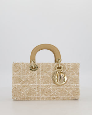 Christian Dior Medium D-Joy in Beige & Écru Tweed Canvas & Beige Leather Handles with Champagne Gold Hardware