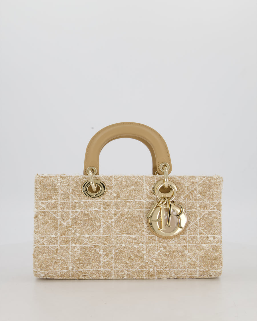 Christian Dior Medium D-Joy in Beige & Écru Tweed Canvas & Beige Leather Handles with Champagne Gold Hardware