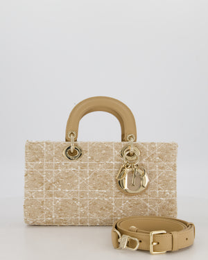 Christian Dior Medium D-Joy in Beige & Écru Tweed Canvas & Beige Leather Handles with Champagne Gold Hardware