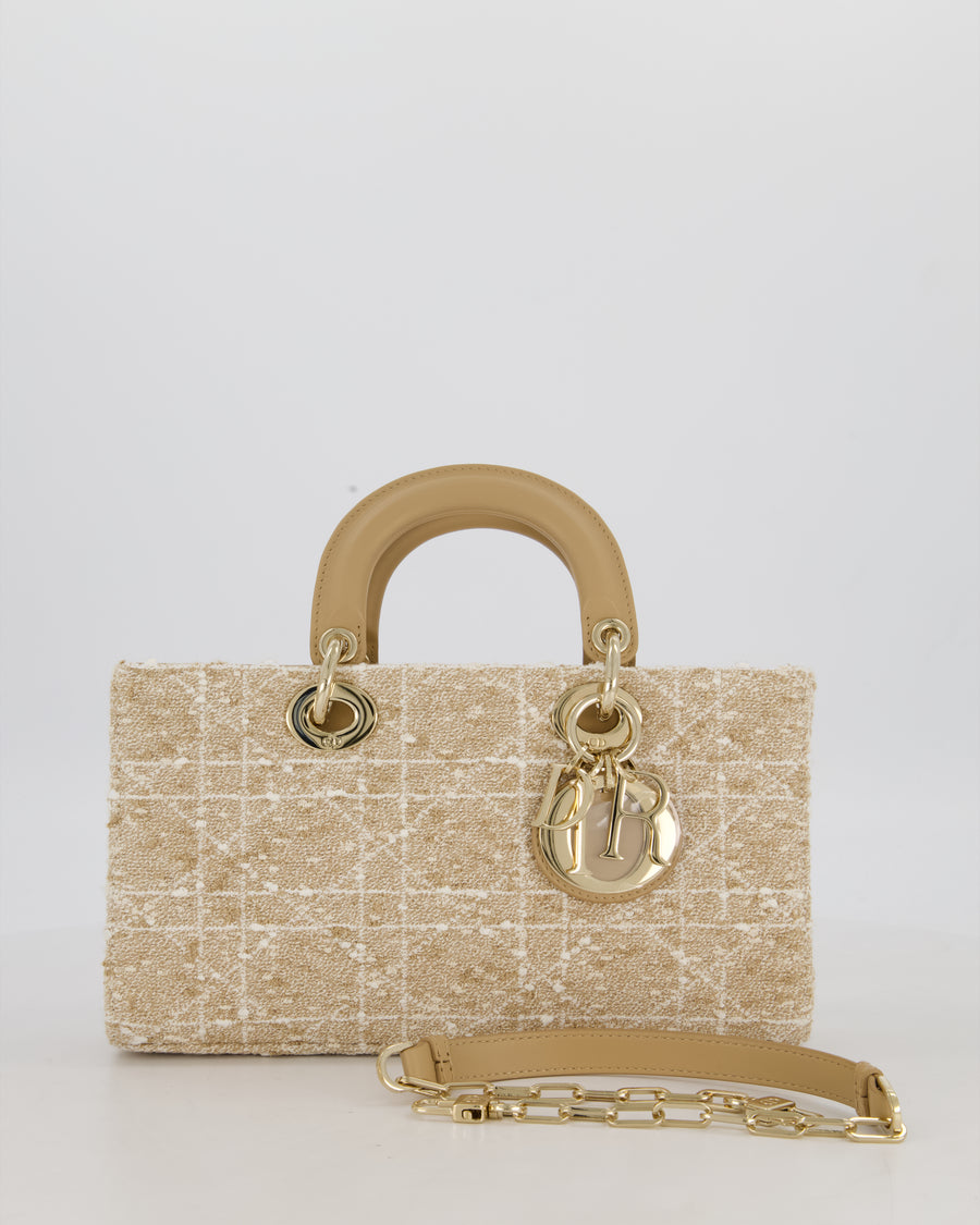 Christian Dior Medium D-Joy in Beige & Écru Tweed Canvas & Beige Leather Handles with Champagne Gold Hardware
