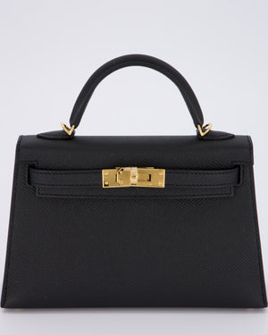 *HOT* Hermès Mini Kelly II 20 Bag in Noir Epsom Leather with Gold Hardware