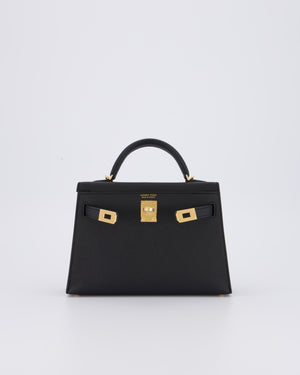 *HOT* Hermès Mini Kelly II 20 Bag in Noir Epsom Leather with Gold Hardware