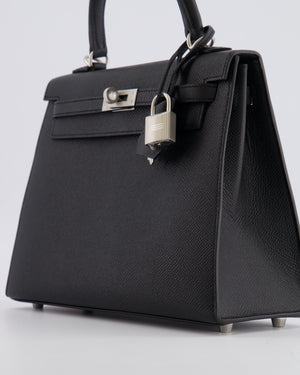 Hermès HSS Kelly 25 Sellier Bag in Noir Epsom Leather and Bleu Zellige Interior with Brushed Palladium Hardware&nbsp;