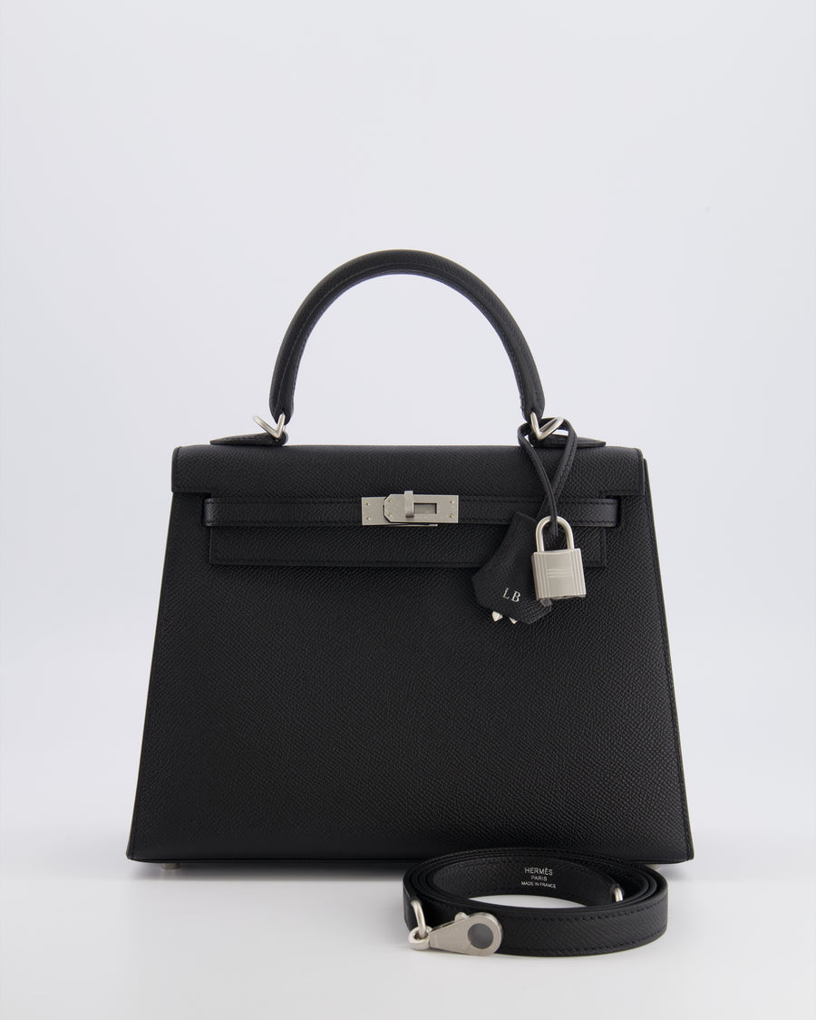 Hermès HSS Kelly 25 Sellier Bag in Noir Epsom Leather and Bleu Zellige Interior with Brushed Palladium Hardware&nbsp;
