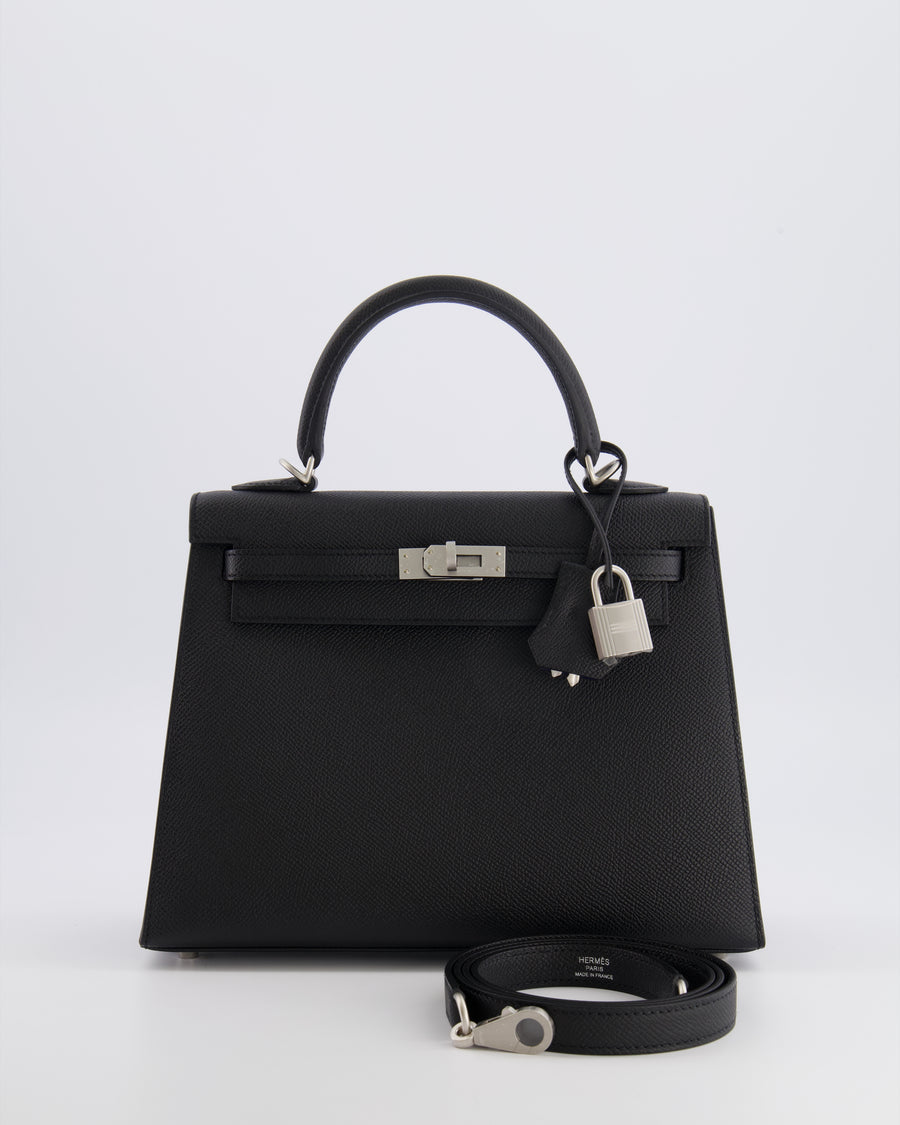 Hermès HSS Kelly 25 Sellier Bag in Noir Epsom Leather and Bleu Zellige Interior with Brushed Palladium Hardware&nbsp;