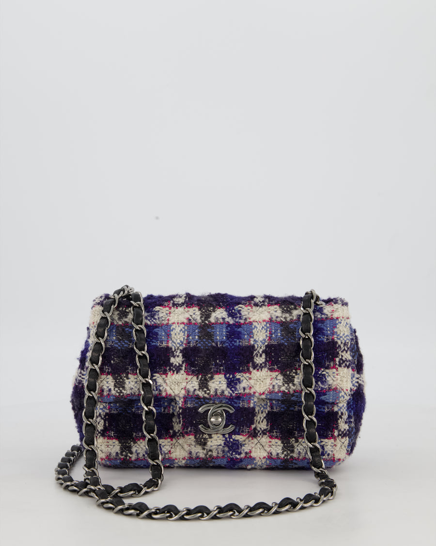 Chanel Navy, Cream, Blue and Pink Tweed Mini Rectangular Flap Bag with Silver Hardware