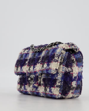 Chanel Navy, Cream, Blue and Pink Tweed Mini Rectangular Flap Bag with Silver Hardware