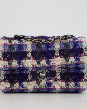 Chanel Navy, Cream, Blue and Pink Tweed Mini Rectangular Flap Bag with Silver Hardware
