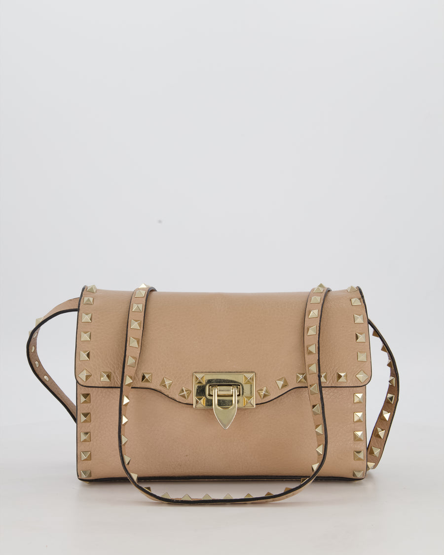 Valentino Nude Beige Rockstud Alcove Bag in Calfskin Leather with Gold Hardware