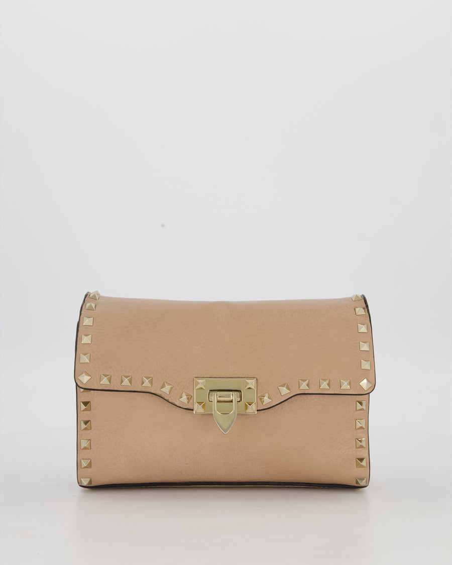 Valentino Nude Beige Rockstud Alcove Bag in Calfskin Leather with Gold Hardware