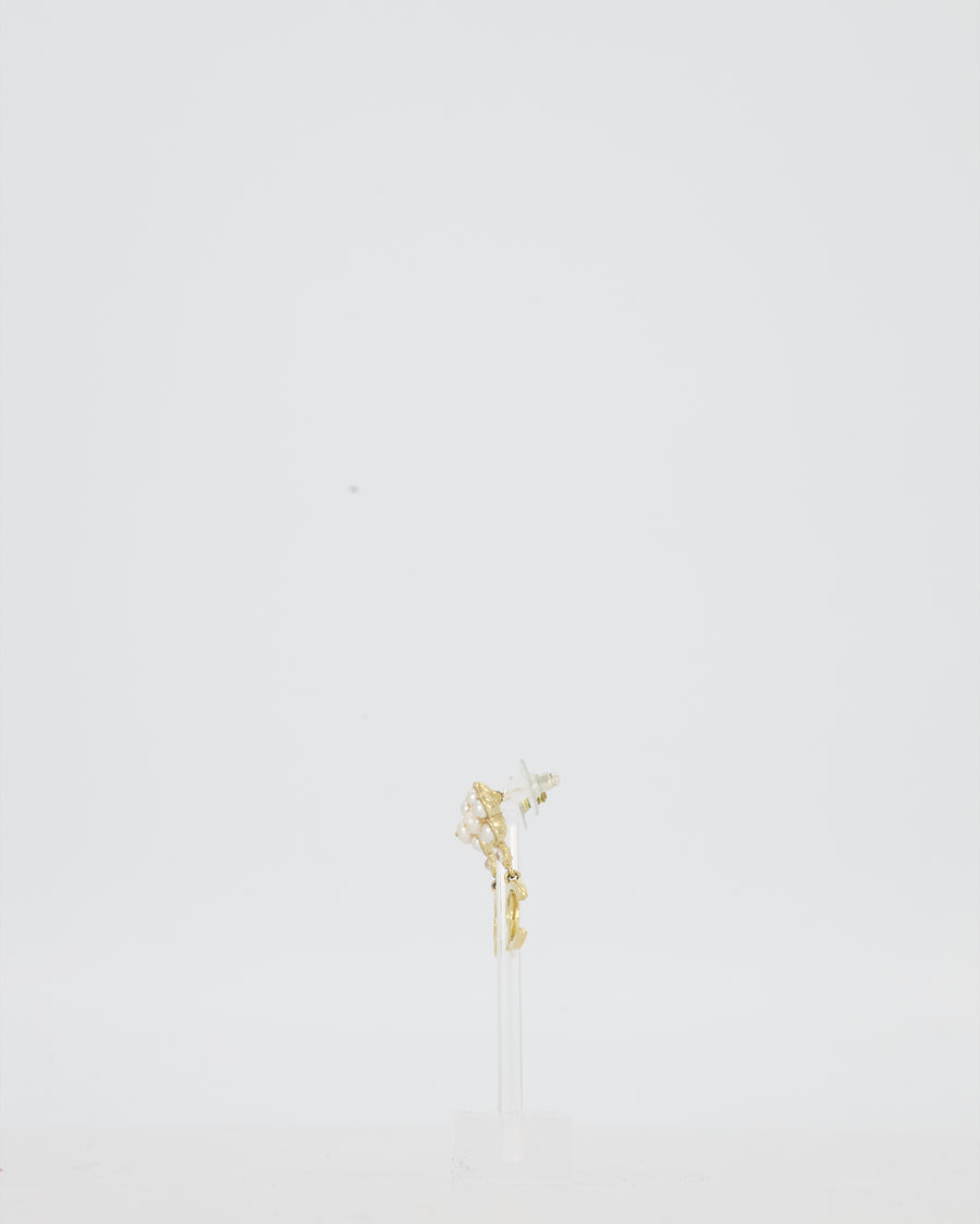 Chanel Gold CC Logo Pendants Earrings with Pearls and Crystal Details