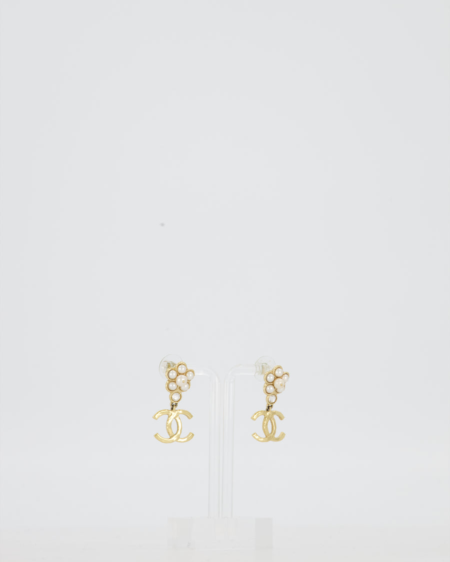 Chanel Gold CC Logo Pendants Earrings with Pearls and Crystal Details