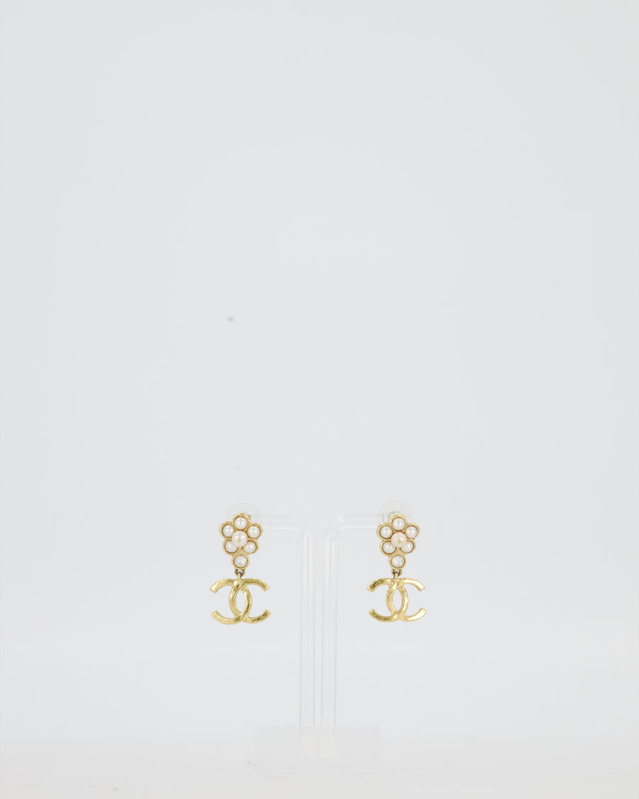 Chanel Gold CC Logo Pendants Earrings with Pearls and Crystal Details