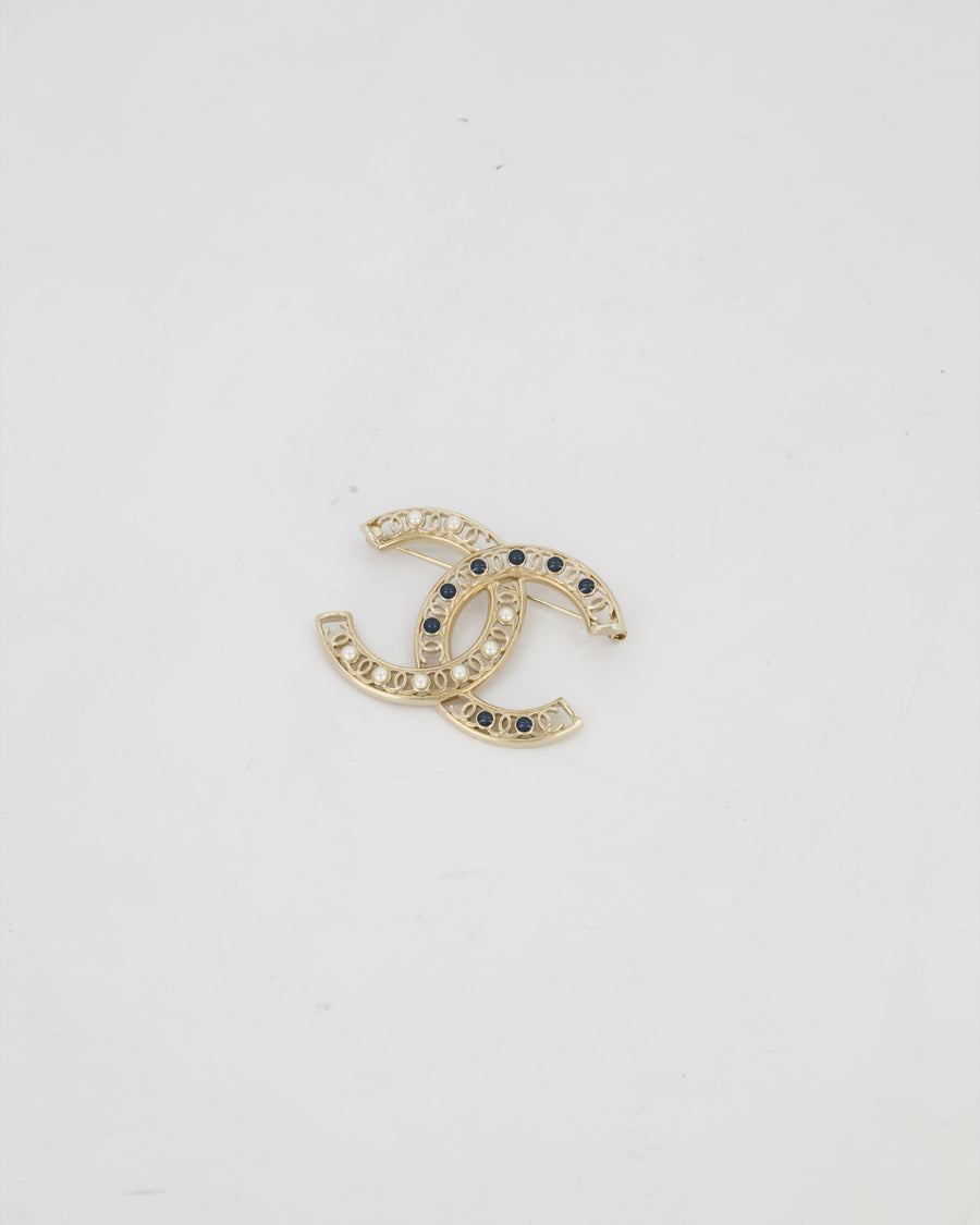 Chanel Gold With Green Enamel and Pearls CC Logo Brooch