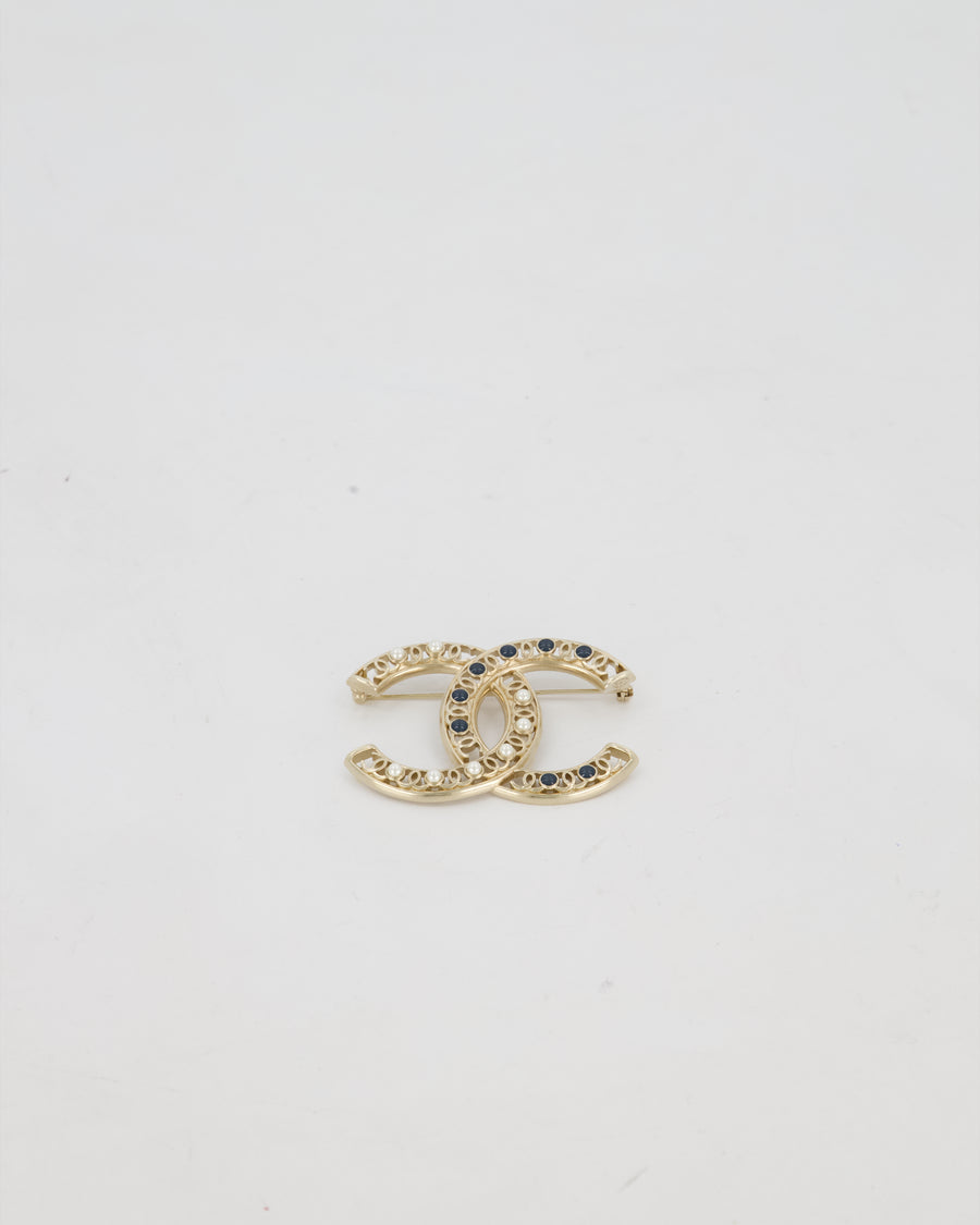 Chanel Gold With Green Enamel and Pearls CC Logo Brooch