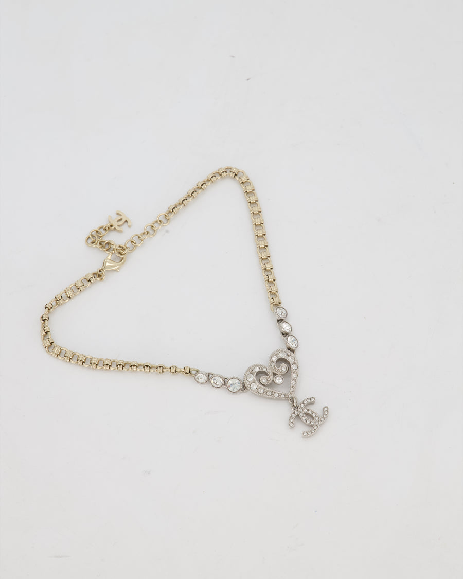 Chanel Silver Diamante CC Logo Necklace with Hearts Details