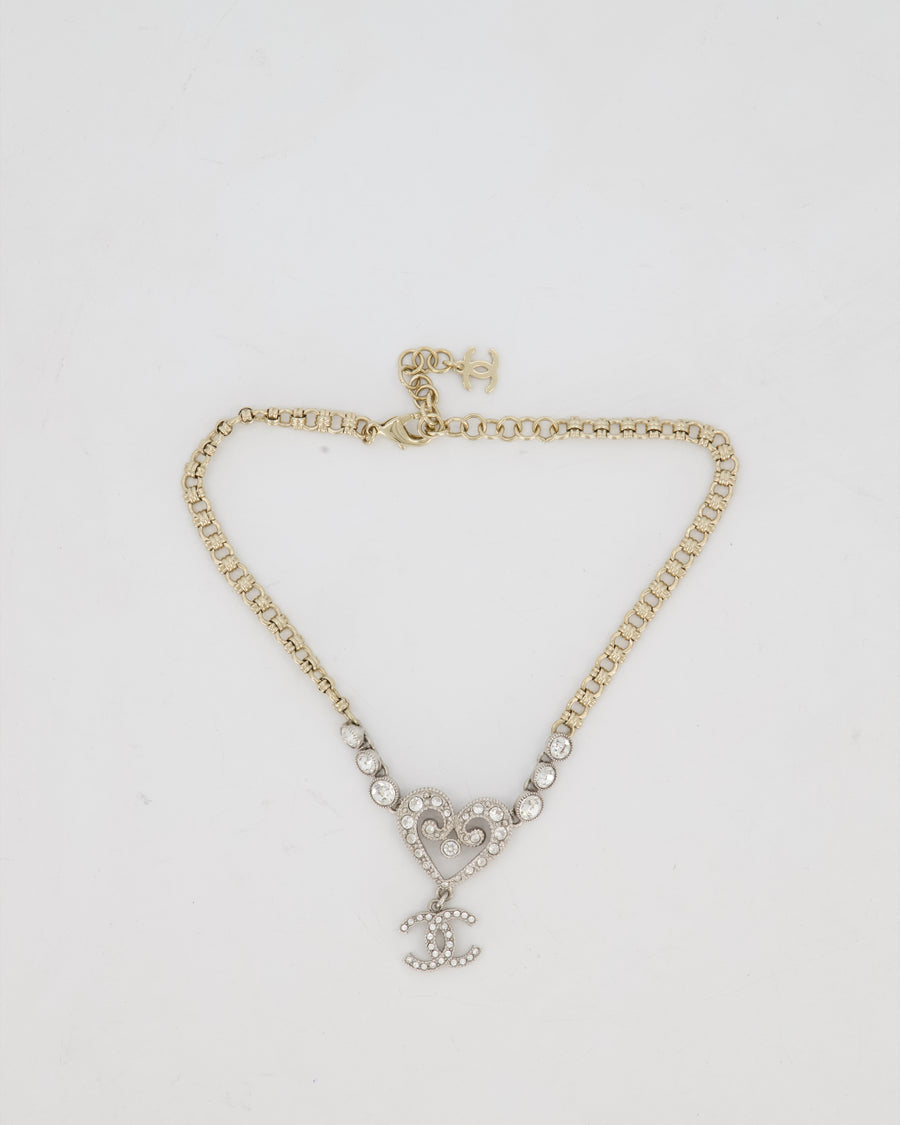 Chanel Silver Diamante CC Logo Necklace with Hearts Details