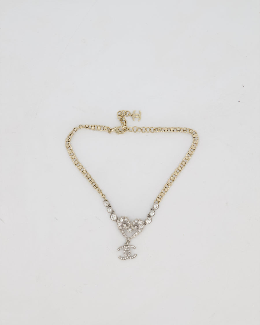 Chanel Silver Diamante CC Logo Necklace with Hearts Details