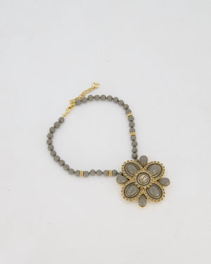 Chanel Grey Resin Pearls and Gold Rhinestone Crystal Necklace With Large Floral Details and CC Logo