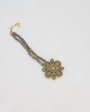 Chanel Grey Resin Pearls and Gold Rhinestone Crystal Necklace With Large Floral Details and CC Logo