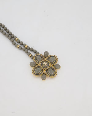 Chanel Grey Resin Pearls and Gold Rhinestone Crystal Necklace With Large Floral Details and CC Logo