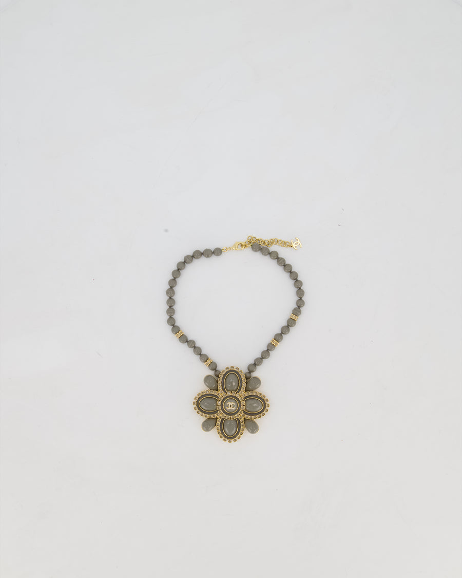 Chanel Grey Resin Pearls and Gold Rhinestone Crystal Necklace With Large Floral Details and CC Logo