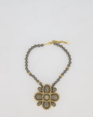 Chanel Grey Resin Pearls and Gold Rhinestone Crystal Necklace With Large Floral Details and CC Logo