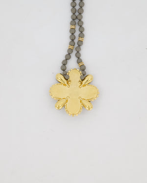 Chanel Grey Resin Pearls and Gold Rhinestone Crystal Necklace With Large Floral Details and CC Logo