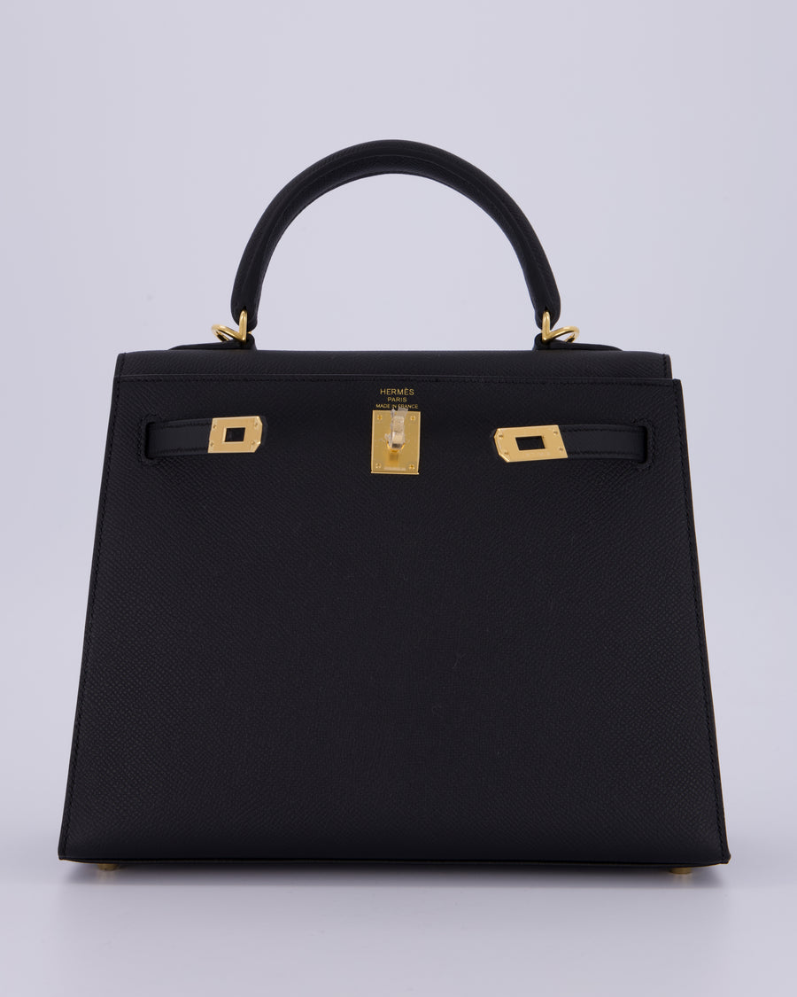 *HOT* Hermès Kelly 25 Sellier Bag in Noir Epsom Leather with Gold Hardware