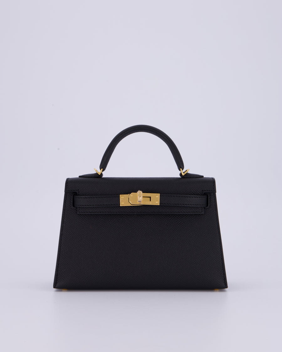 *HOT* Hermès Mini Kelly II 20 Bag in Noir Epsom Leather with Gold Hardware