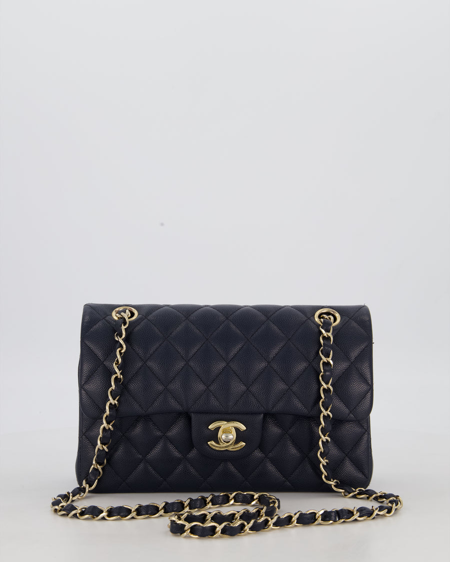 Chanel Navy Small Classic Double Flap Bag in Caviar Leather with Champagne Gold Hardware