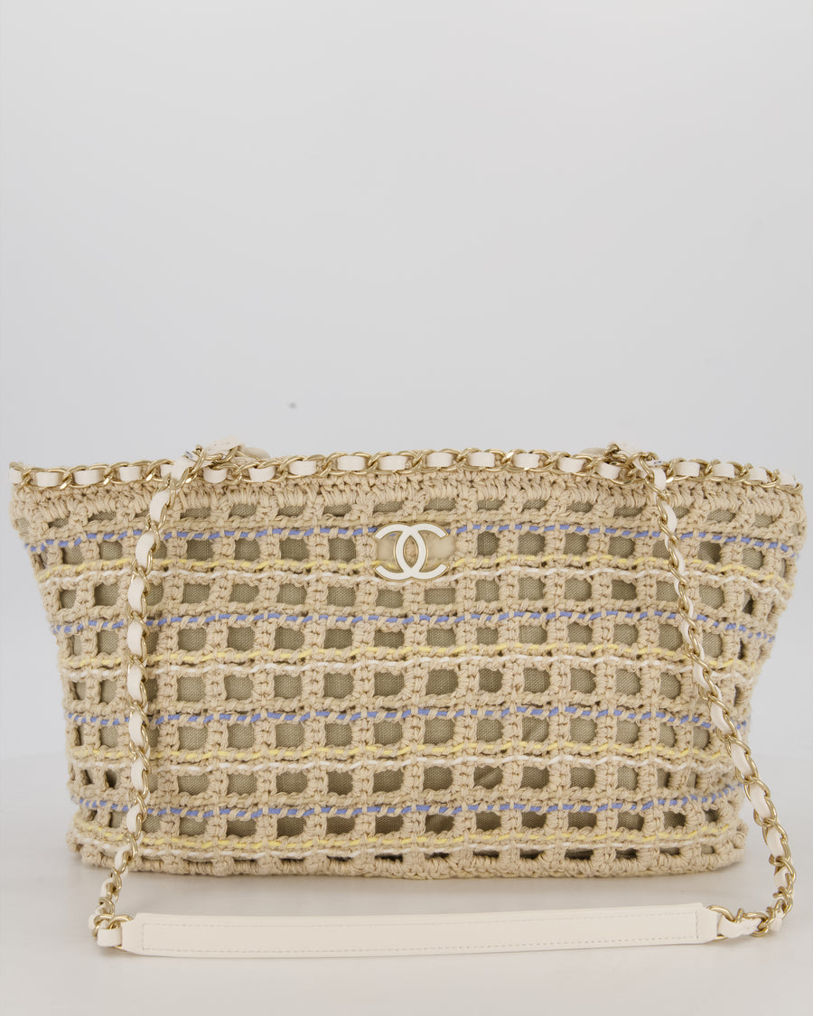 Chanel Small Cotton Crochet Cruise Tote Bag In Beige with Champagne Hardware