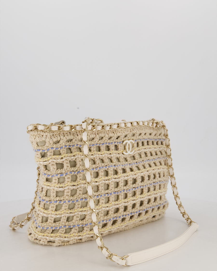 Chanel Small Cotton Crochet Cruise Tote Bag In Beige with Champagne Hardware