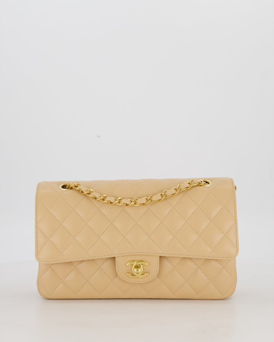 Chanel Medium Classic Double Flap Bag in Beige Clair Caviar Leather with Gold Hardware