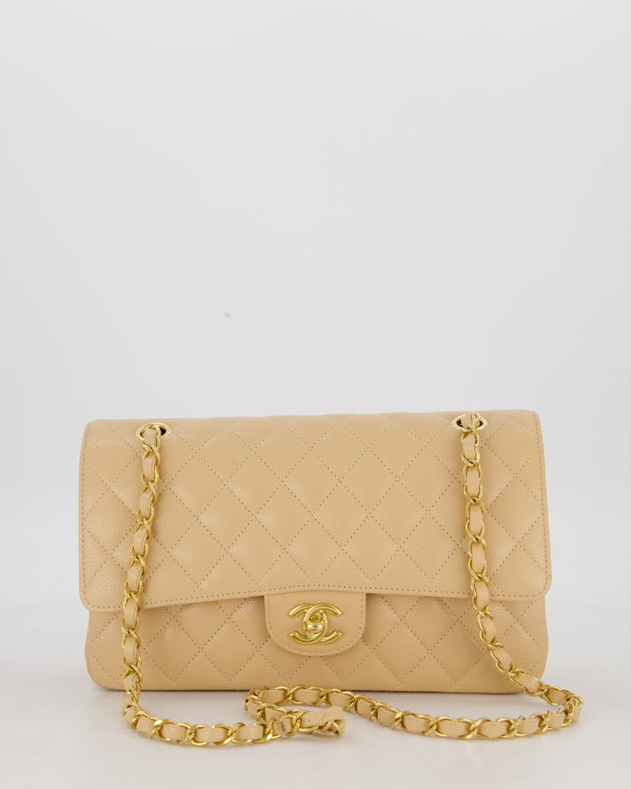 Chanel Medium Classic Double Flap Bag in Beige Clair Caviar Leather with Gold Hardware